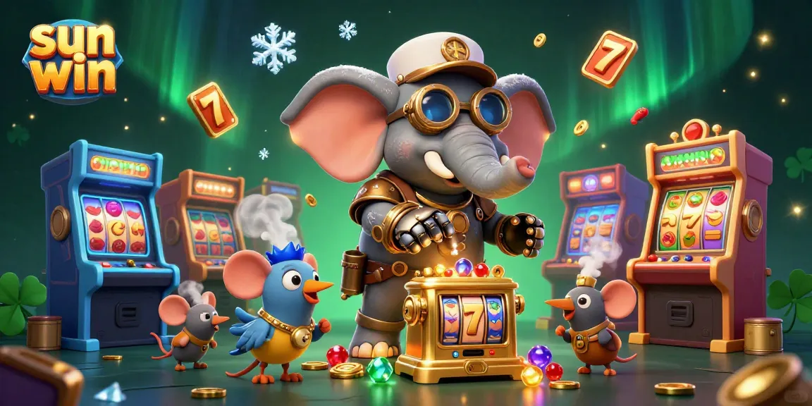 Win big with sun win's vibrant slot machine scene featuring a steampunk elephant and charming game elements.