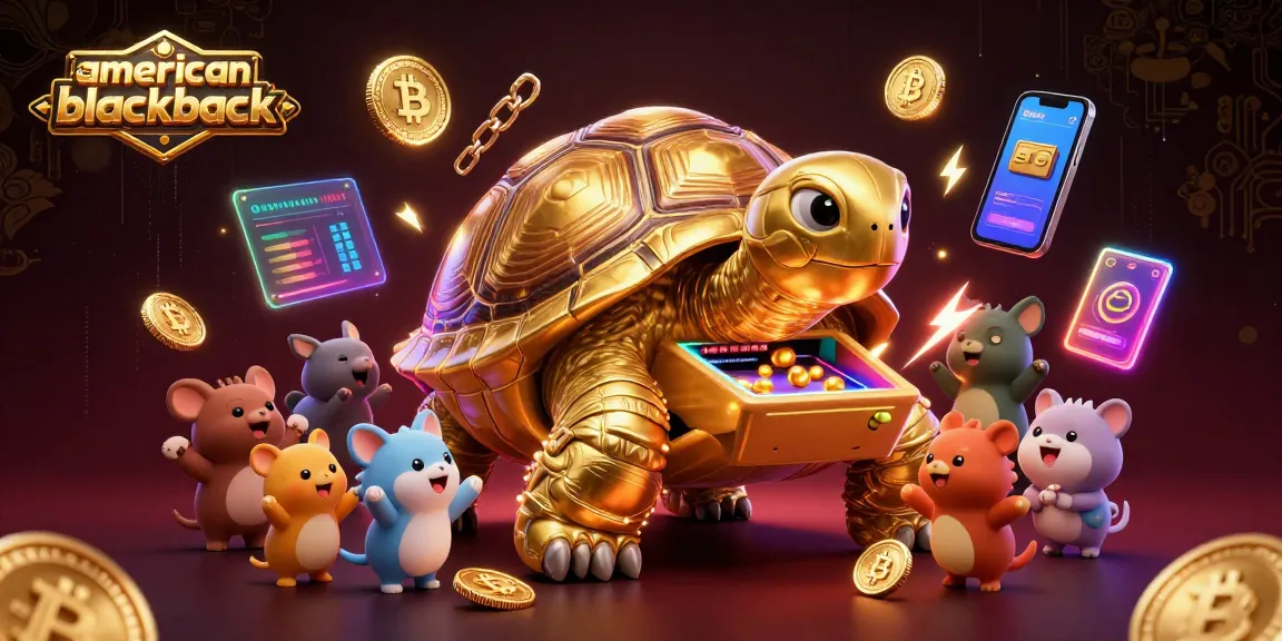 Engage in American Blackjack as a golden tortoise operates a pinball-themed game, surrounded by crypto coins.