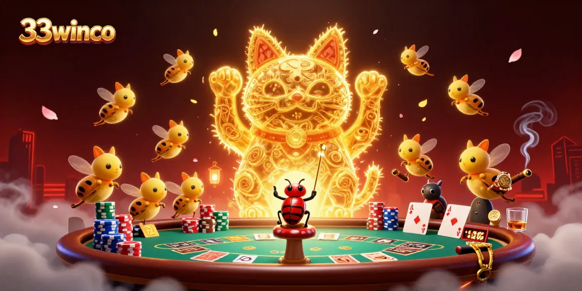 Experience thrilling gameplay at 33winco, featuring a lively lucky cat made of fireflies and dynamic casino elements.