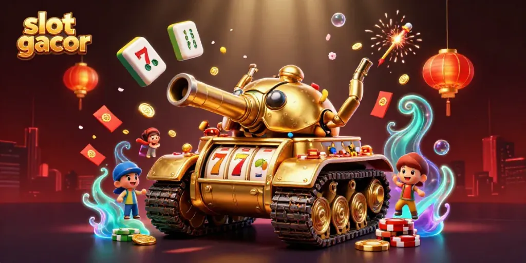 Engage with slot gacor spectaculars in this vibrant 3D casino illustration showcasing dynamic elements.