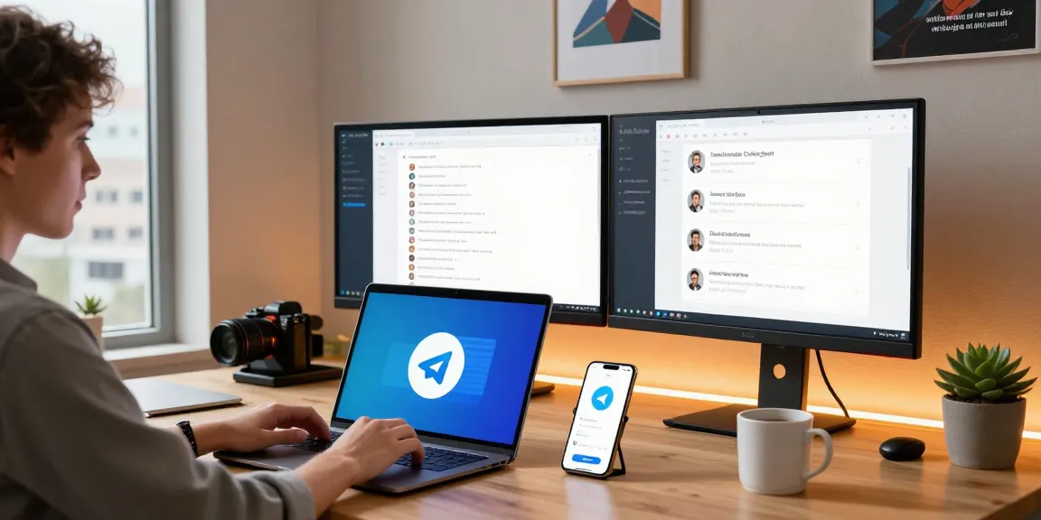 Telegramin-cn.com user engaging with messaging app in a vibrant tech workspace.