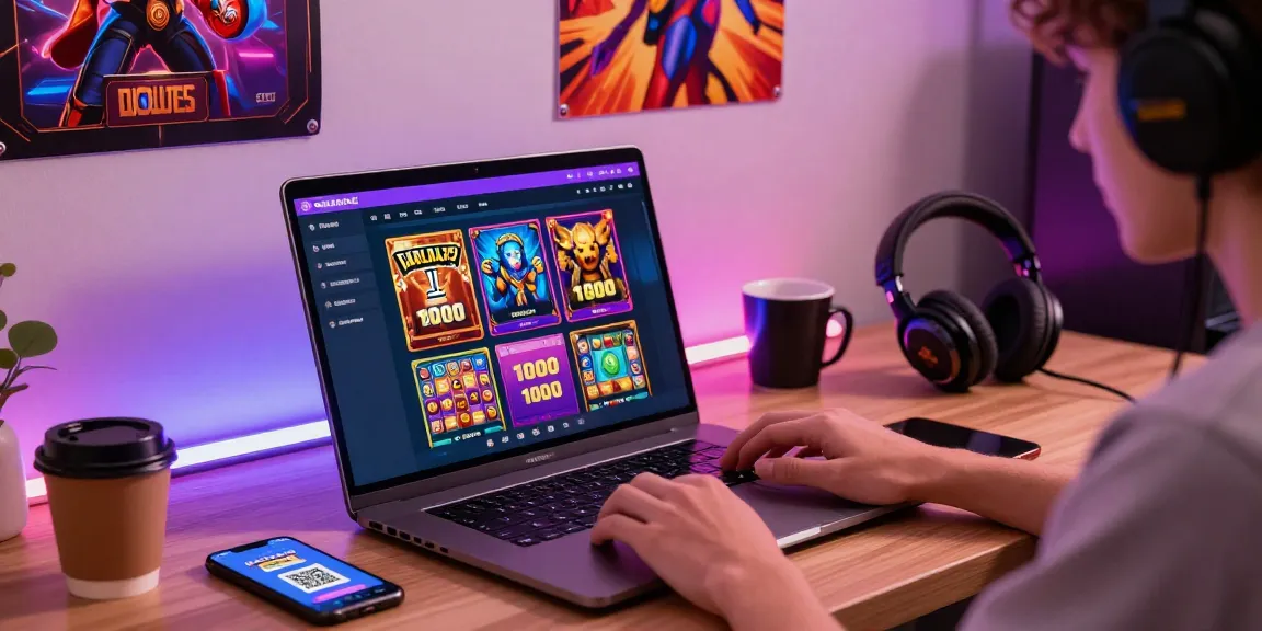 A young adult engaging with GARUDA303's online gaming interface, emphasizing the slot deposit 1000 experience in a vibrant e-commerce setup.