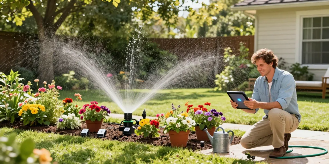 Efficient rainpoint automatic watering system managing vibrant garden plants and flower beds.