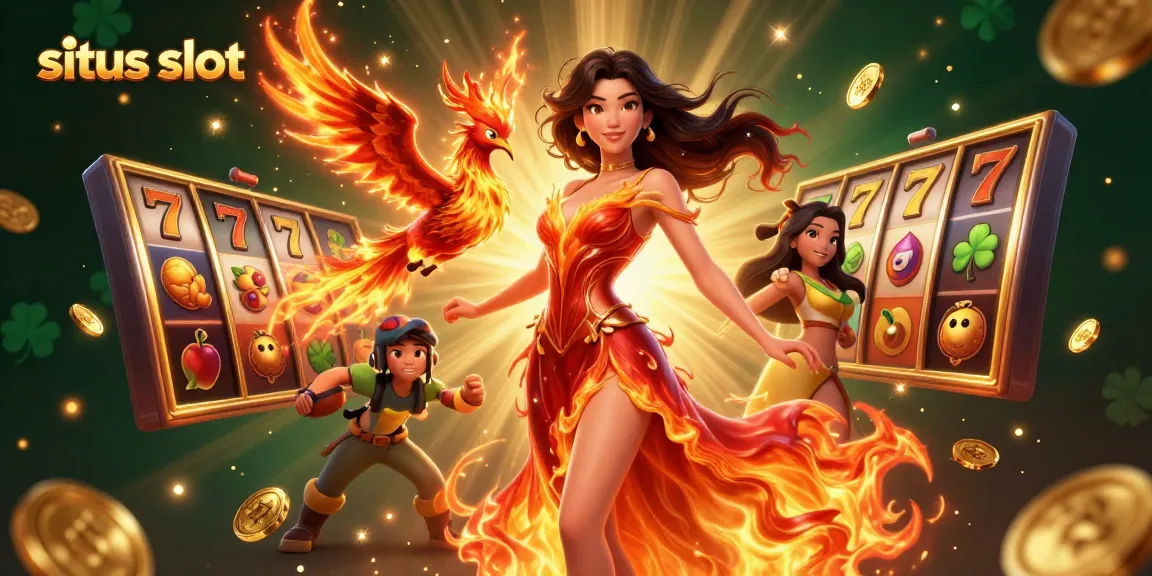 Sintus slot illustrated scene featuring a stunning Asian woman and a fiery phoenix, surrounded by dynamic slot elements.