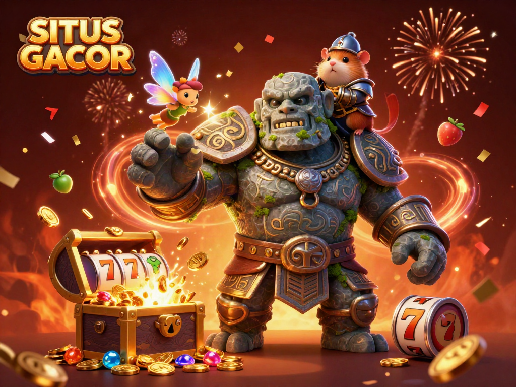 SITUS GACOR brings luck with a magical golem guardian, treasure, and slot elements in vibrant colors.