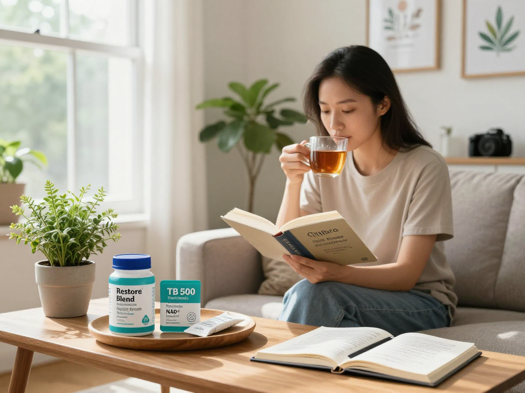 Discover TB 500 benefits in a cozy wellness setting with health products and a nurturing atmosphere.
