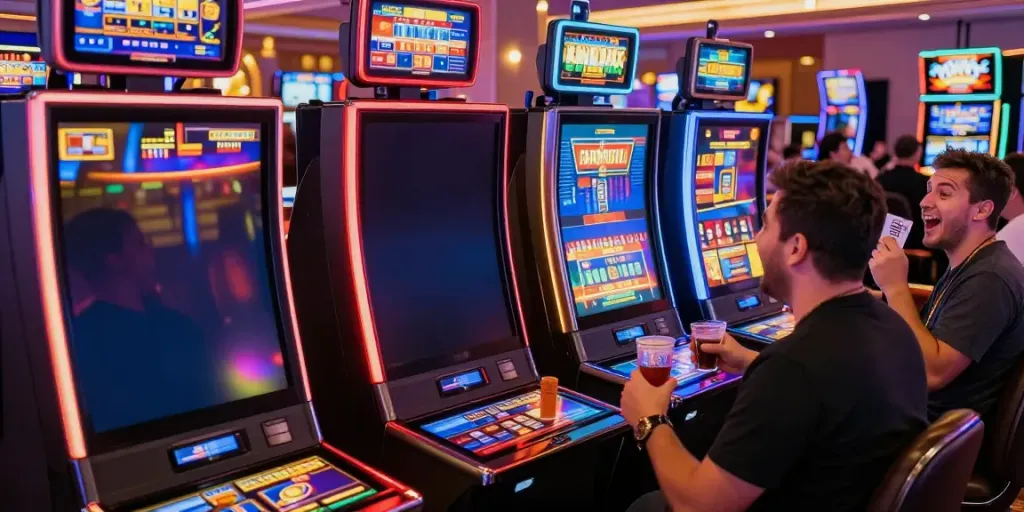 Pengunjung bermain mesin slot dengan antusiasme tinggi di kasino yang ramai.