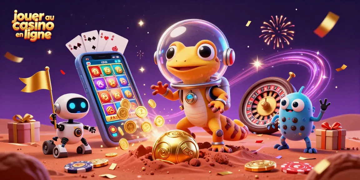 Jouer au casino en ligne avec un gecko martien découvrant un casino doré sur Mars.