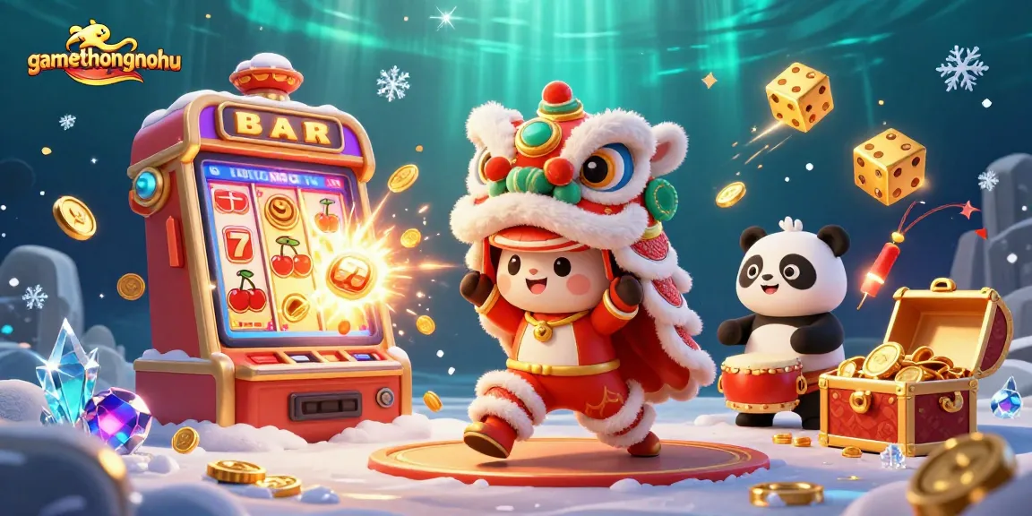 Experience the excitement of gamethuongnohu with a vibrant 3D casino celebration featuring lion performers.