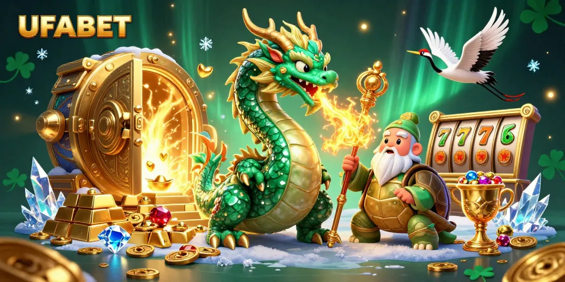 UFABET showcases a vibrant casino scene with a jade dragon, turtle sage, and lucky cranes amidst treasures and slot heroes.