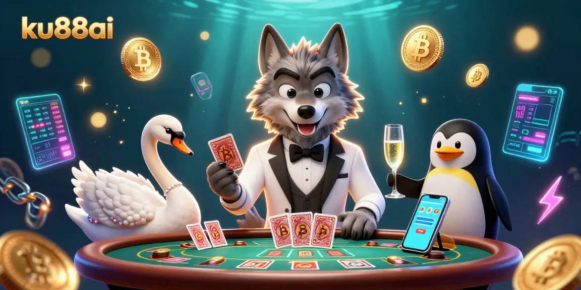 ku88ai presents a lively baccarat scene with a debonair wolf, elegant swan, and sophisticated penguin