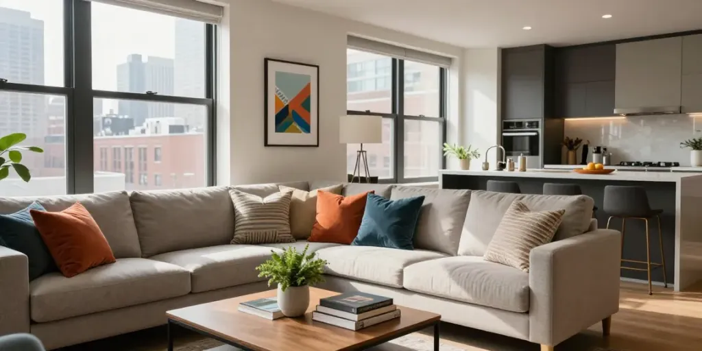 Furnished apartments in Chicago featuring a cozy living room with modern decor and city views.