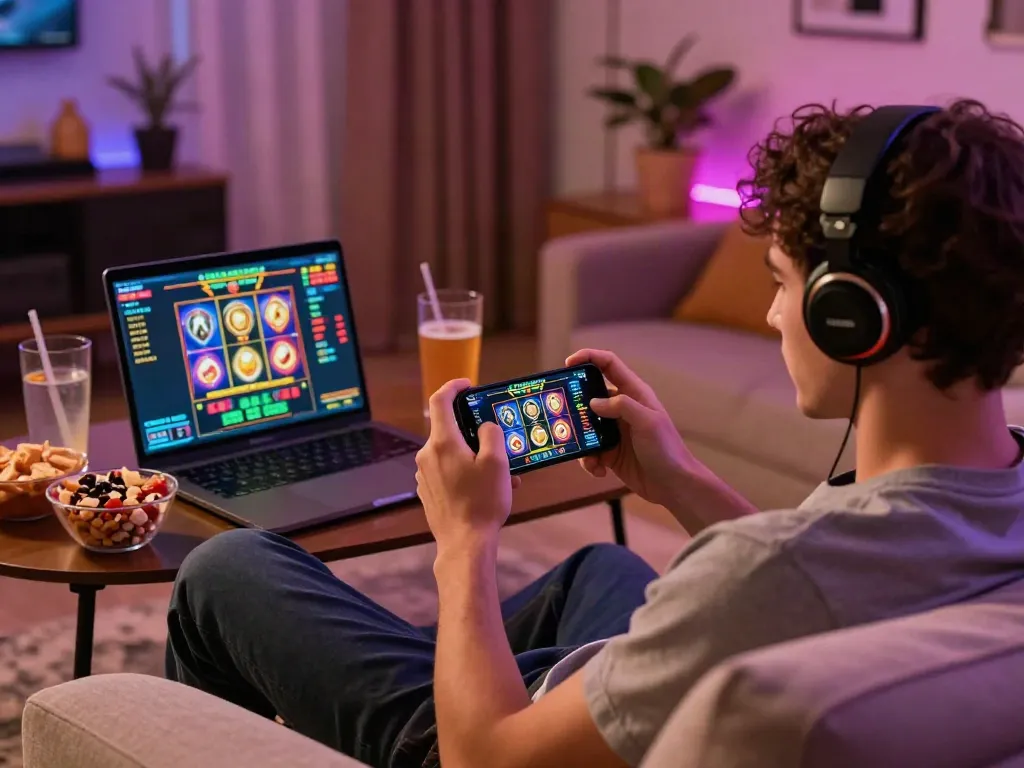 Luxury12 gaming experience with player using smartphone in cozy atmosphere