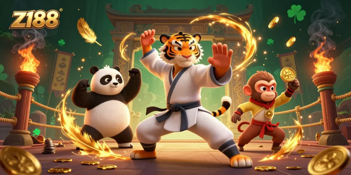 Engage in exciting gameplay experiences at z188, showcasing a kung fu tiger master and vibrant casino elements.