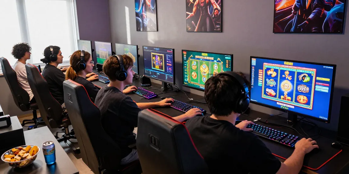 Friends enjoying an exciting slot88 gaming session at a vibrant computer setup.