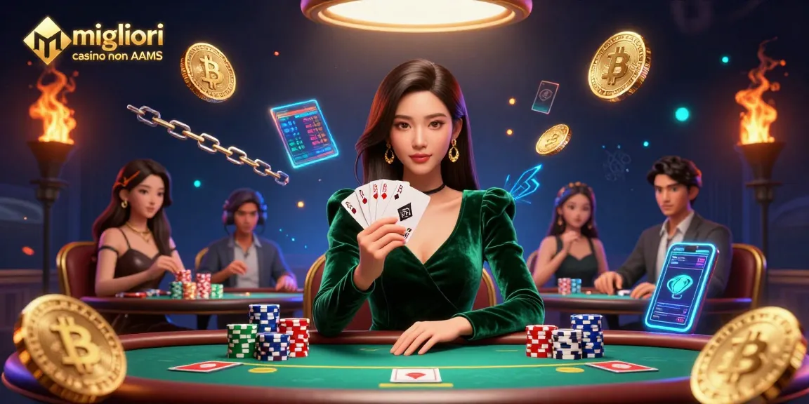 Scopri l'emozione nei migliori casino non AAMS con un giocatore di poker strategico in azione, circondato da elementi cripto.