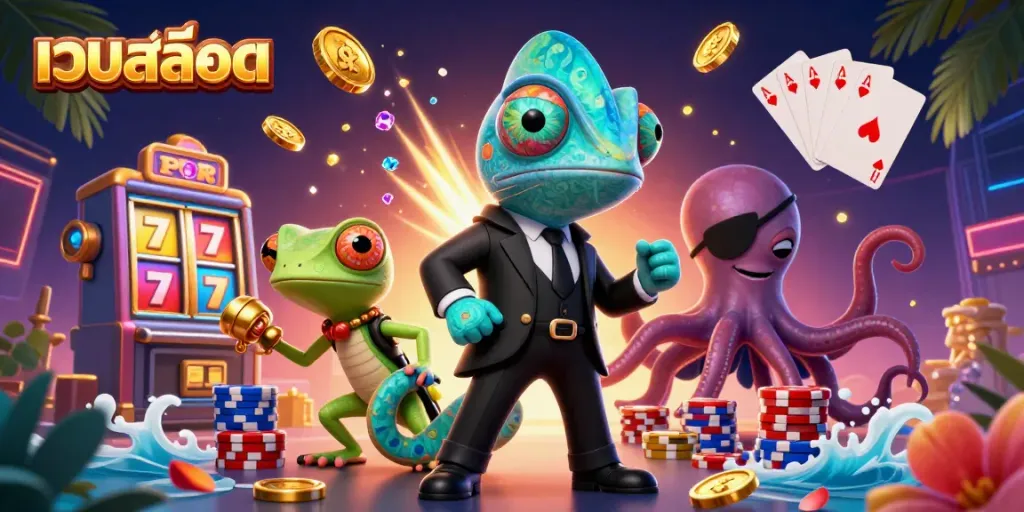 Experience exhilarating เว็บสล็อต action with vibrant characters amidst dazzling coins and slot machines.