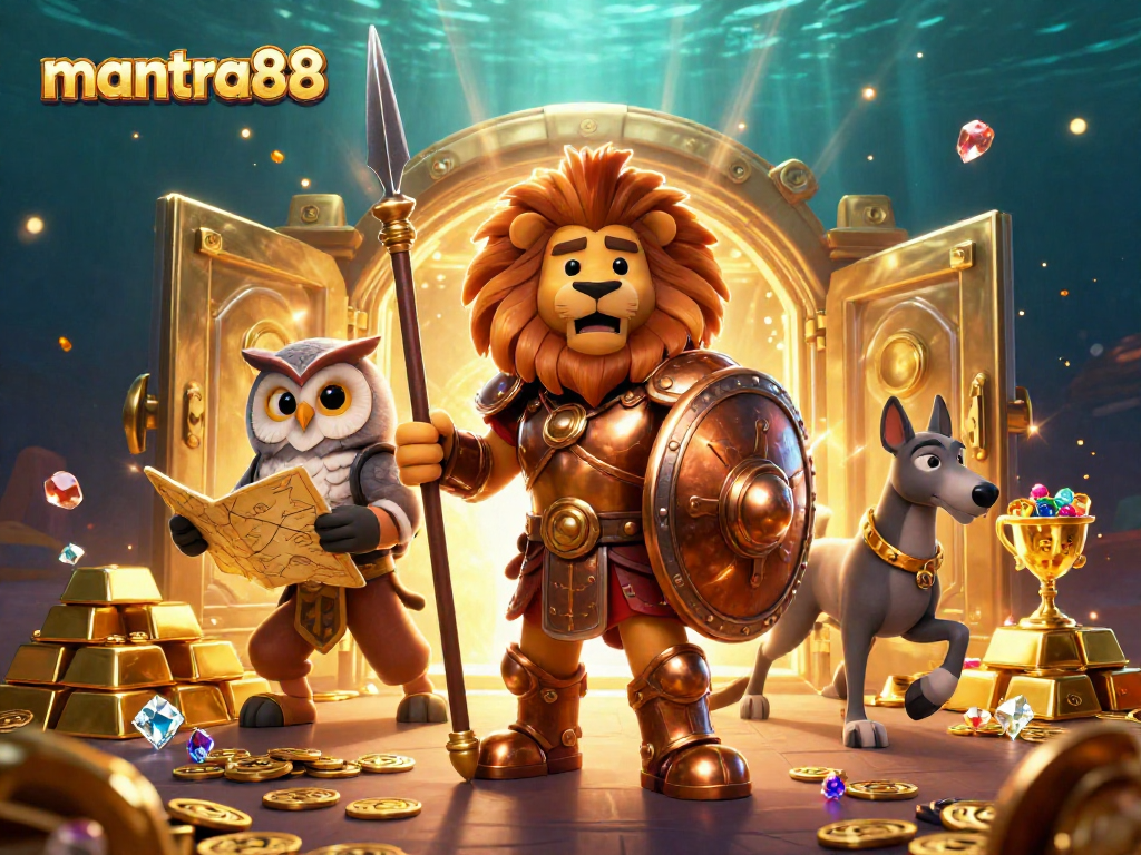 Experience the thrill of mantra88, where a triumphant Spartan lion and his allies celebrate riches with dazzling casino elements.
