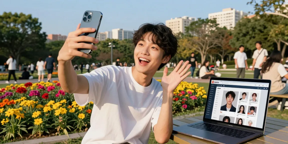 Individual taking a selfie in a park, discovering who looks like a celebrity with AI.