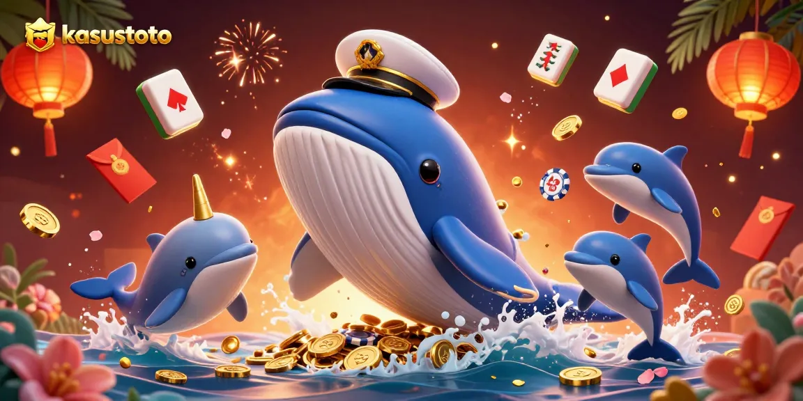 Kasustoto menampilkan paus 3D besar bermain di lautan koin dalam ilustrasi ceria.