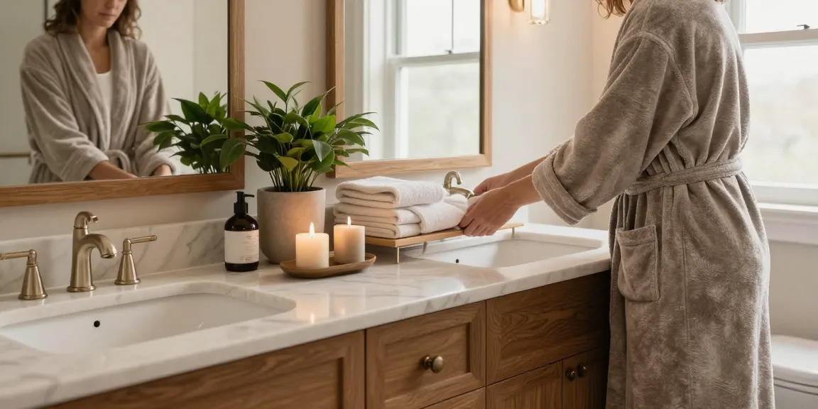 Stylish bathroom vanity with dual sinks and elegant decor creating a serene atmosphere.