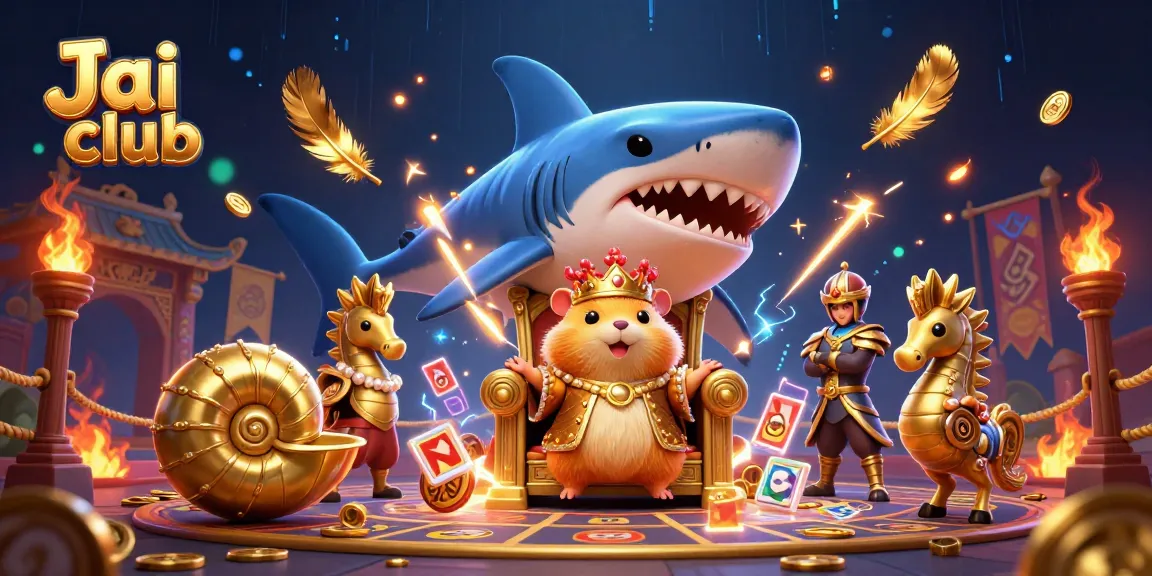 Engage with the vibrant Jai club scene featuring a golden hamster king amidst casino elements.