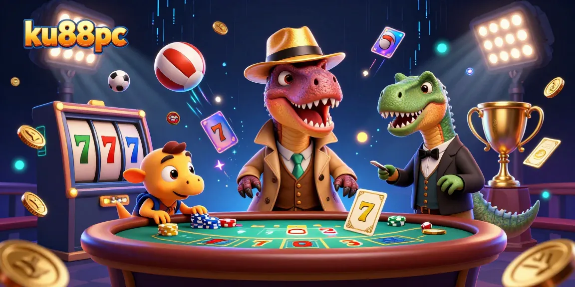 ku88pc showcases a velociraptor card counter at blackjack among sports elements like betting slips.