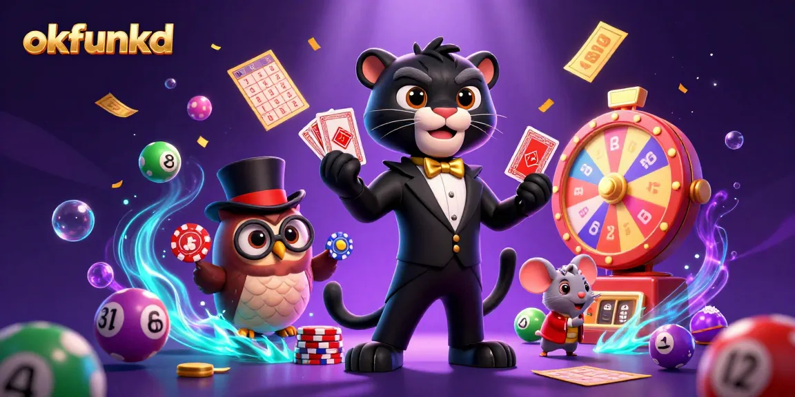 Engage with okfunkd's vibrant casino scene featuring a stylish cartoon panther, owl, and mouse.