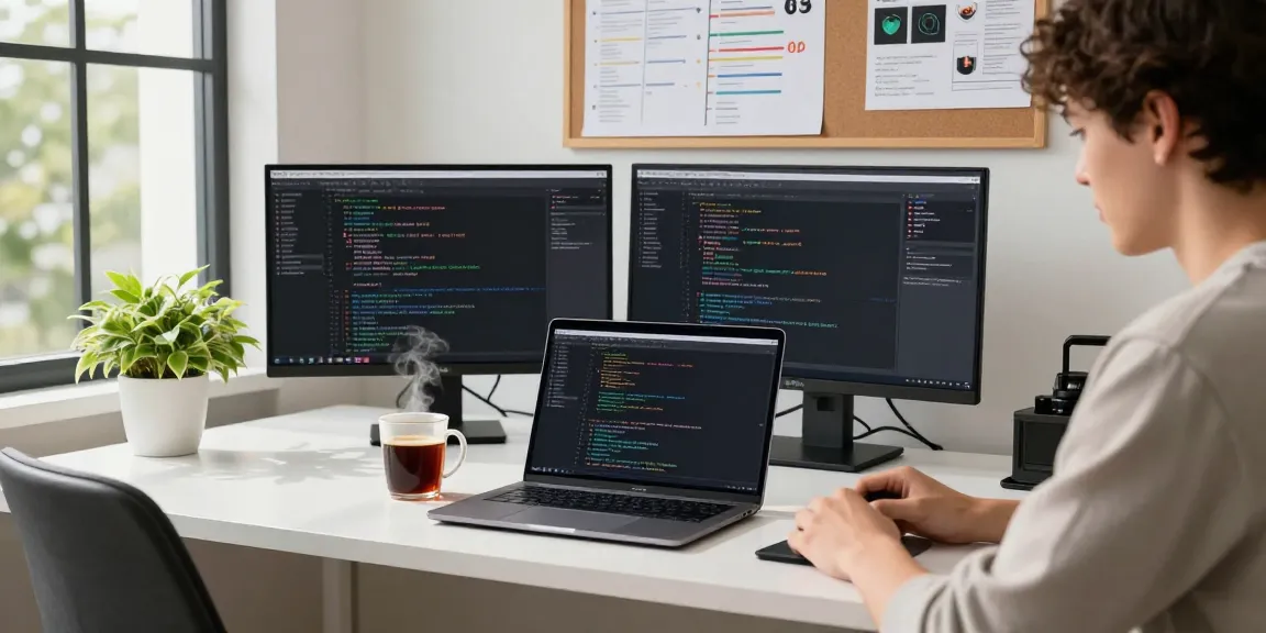 Developer utilizing 纸飞机中文版 in a modern workspace with multiple screens and coding environment.