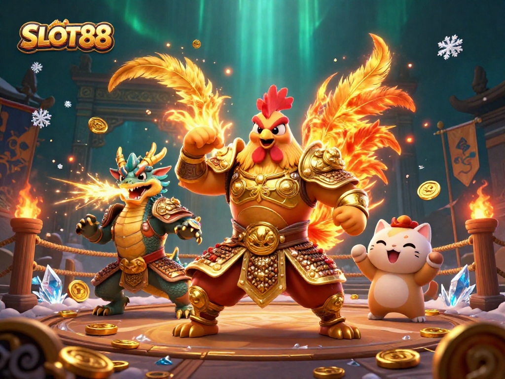 Slot88 menyajikan ilustrasi 3D dinamis dengan pejuang ayam jantan dan naga sebagai simbol keberuntungan.
