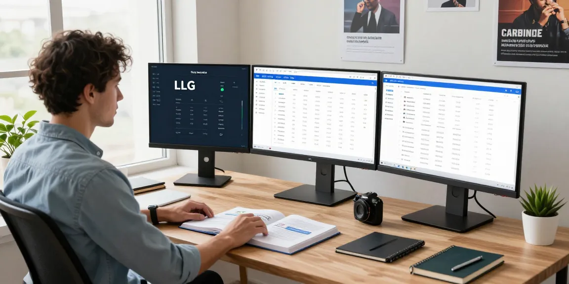 Digital marketer analyzing LLG link indexing data in a vibrant workspace with multiple monitors.