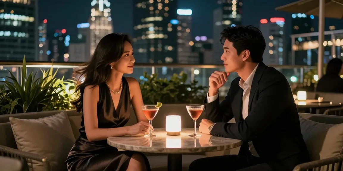 Call girls enjoying a glamorous night out at a rooftop bar in the city.