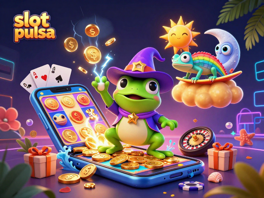 Experience thrilling slot pulsa action with golden coins and a vibrant casino scene full of excitement.