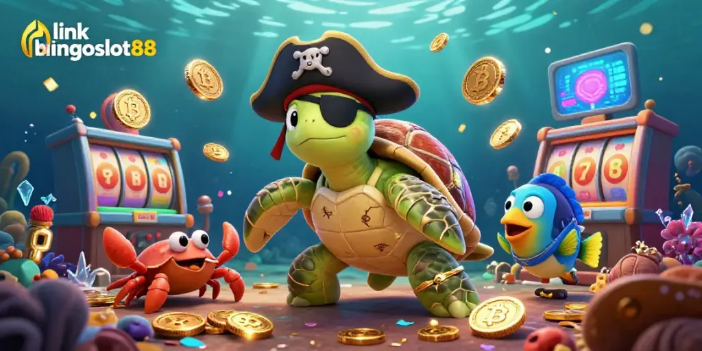 Permainan menarik di link bingoslot88 dengan karakter seekor kura-kura bajak laut, kepiting emas, dan ikan parrot di tengah harta karun.