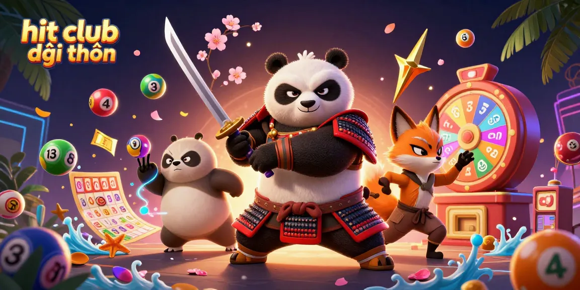 Experience the excitement of hit club đổi thưởng with a dynamic illustration of a samurai panda, ninja fox, and spirit tanuki amidst vibrant casino elements.