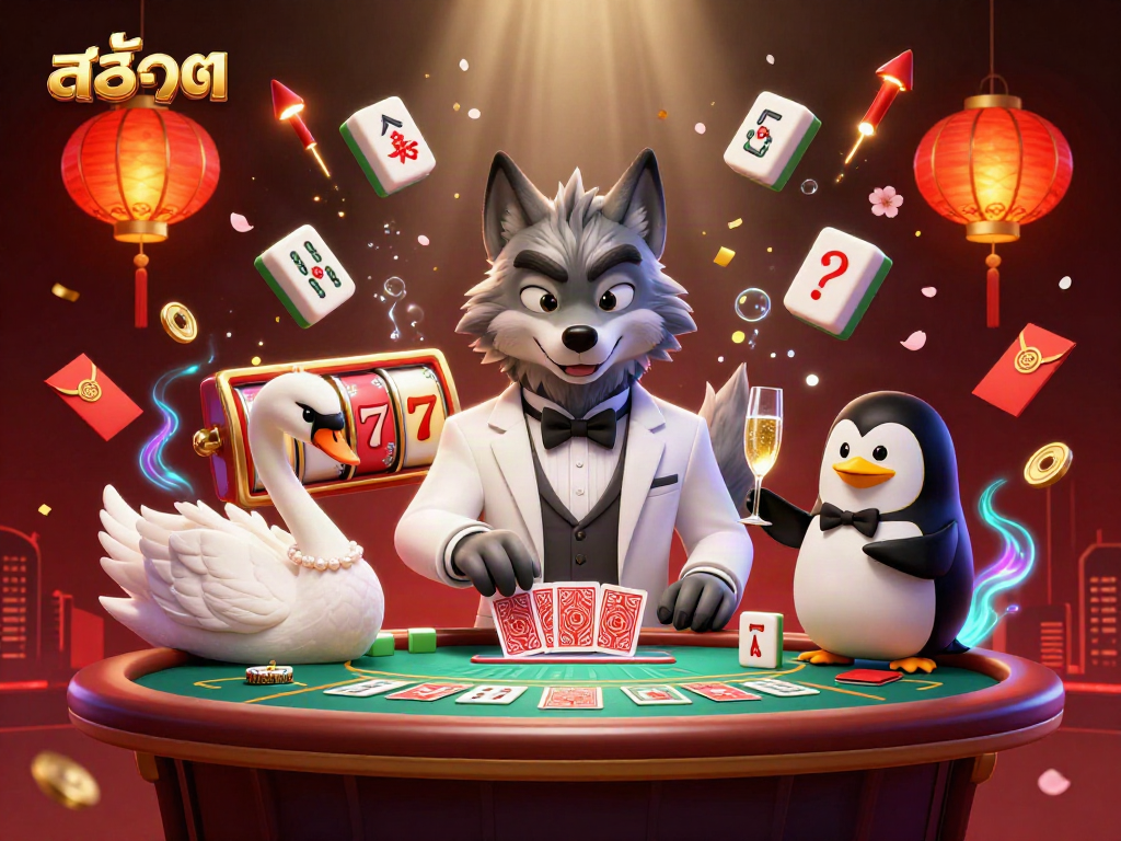 Experience สล็อต excitement with wolf, swan, and penguin in a vibrant casino scene.