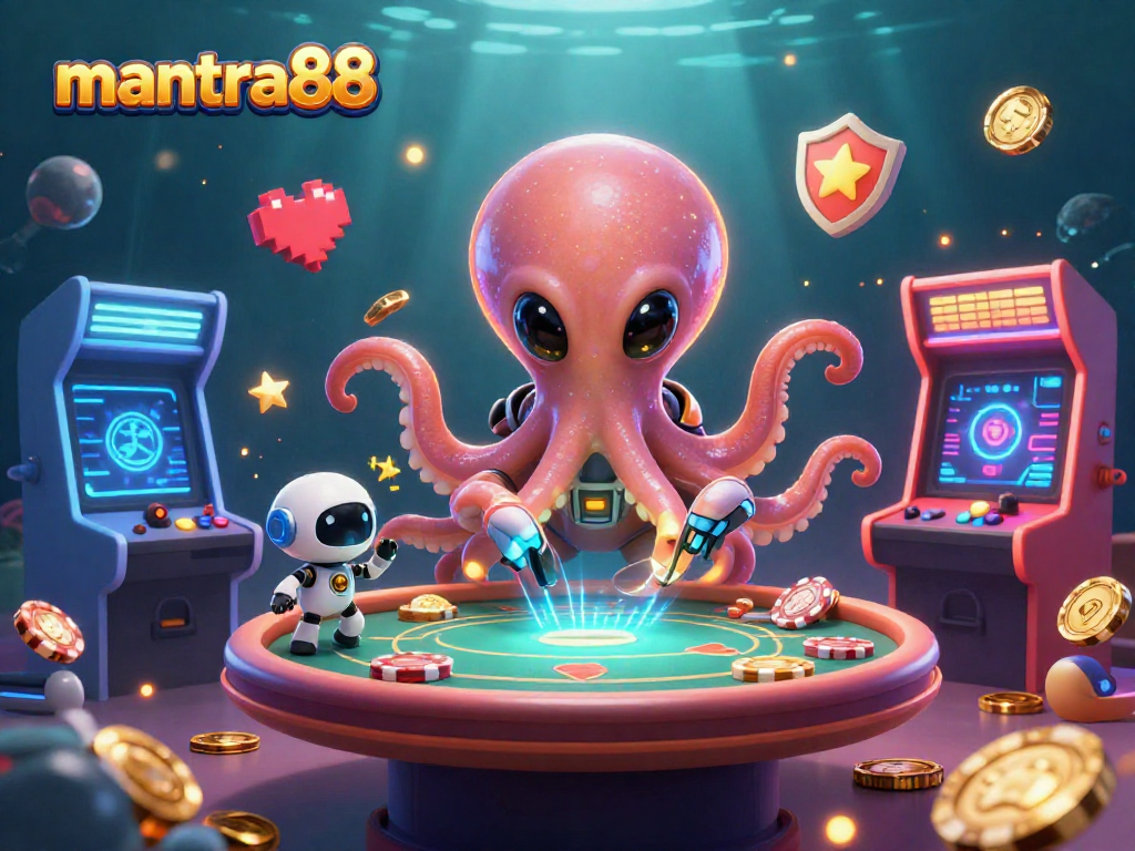 Experience excitement at mantra88 with an alien octopus managing a holographic poker table surrounded by vibrant gaming elements.