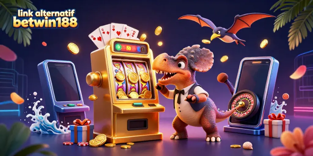 Animasi menarik tentang link alternatif betwin188 dengan dinosaurus di kasino meraih kemenangan jackpot.