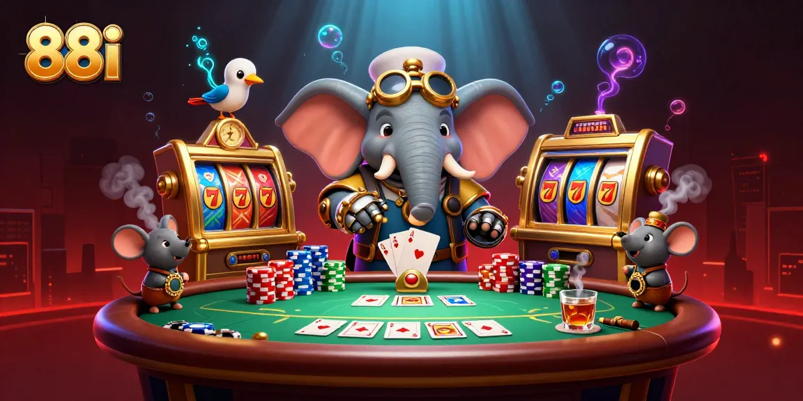 Engaging 88i experience with a steampunk elephant at the slot machine and vivid poker elements.