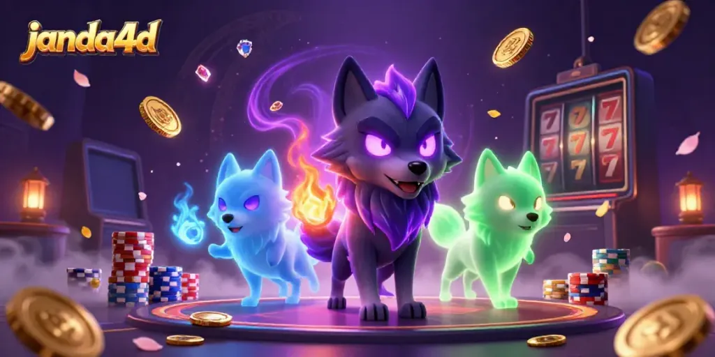 Permainan slot dan keberuntungan di janda4d dengan karakter serigala dan koin emas terbang.