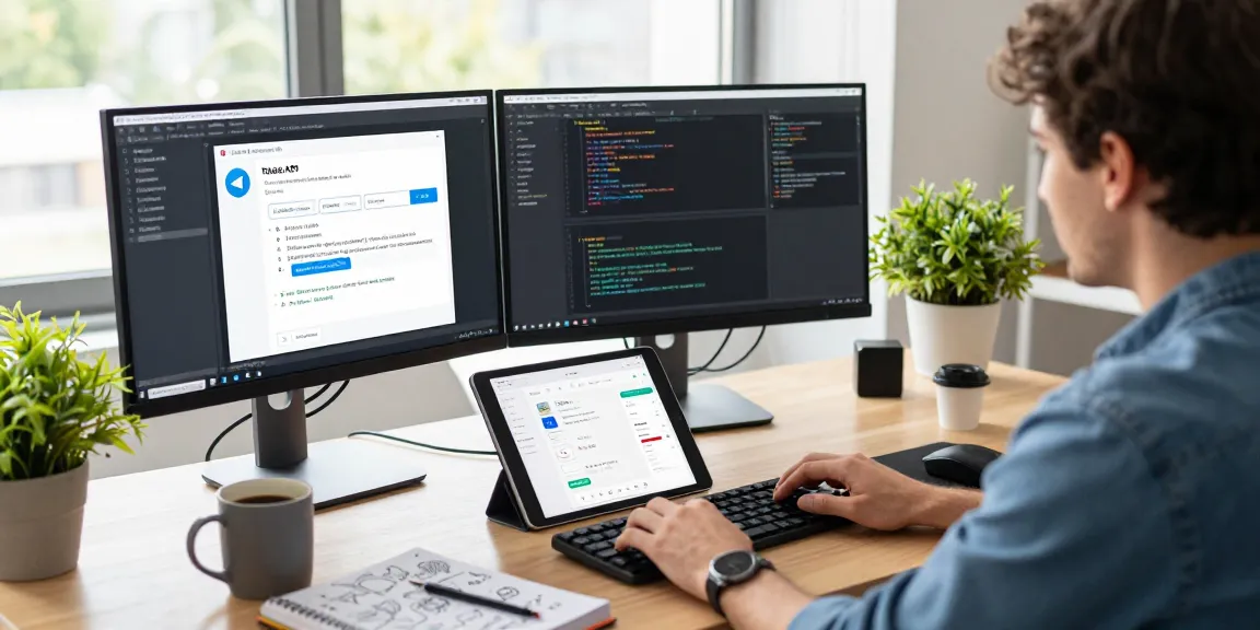Software developer using telegraimin.com in a modern workspace with dual monitors and coding tools.
