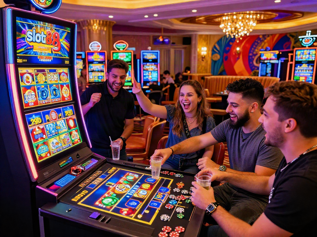 Friends celebrating wins at a lively slot88 machine in a vibrant casino.