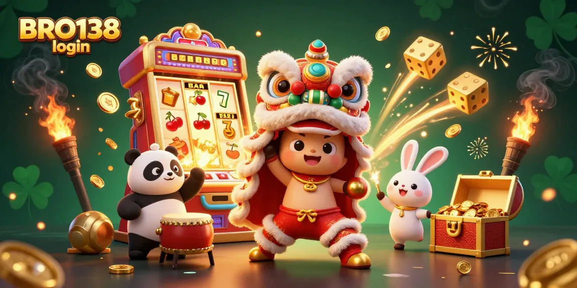 Experience the excitement of BRO138 login with a vibrant 3D illustration of a lion dance and slot machine jackpot.