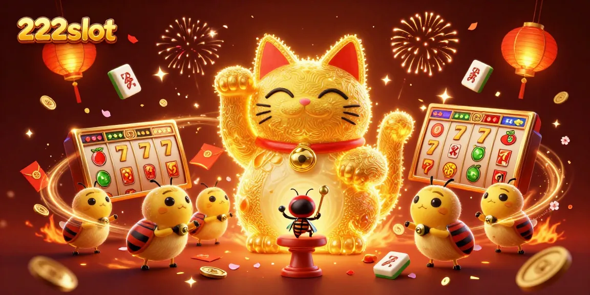 Menangkan jackpot besar di 222slot dengan ilustrasi kucing keberuntungan dan simbol permainan slot yang megah.