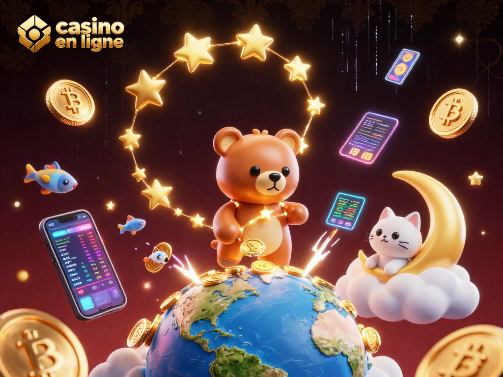 Une scène de casino en ligne avec un ours constellation captivant, des pièces de Bitcoin et Ethereum et une ambiance dynamique.