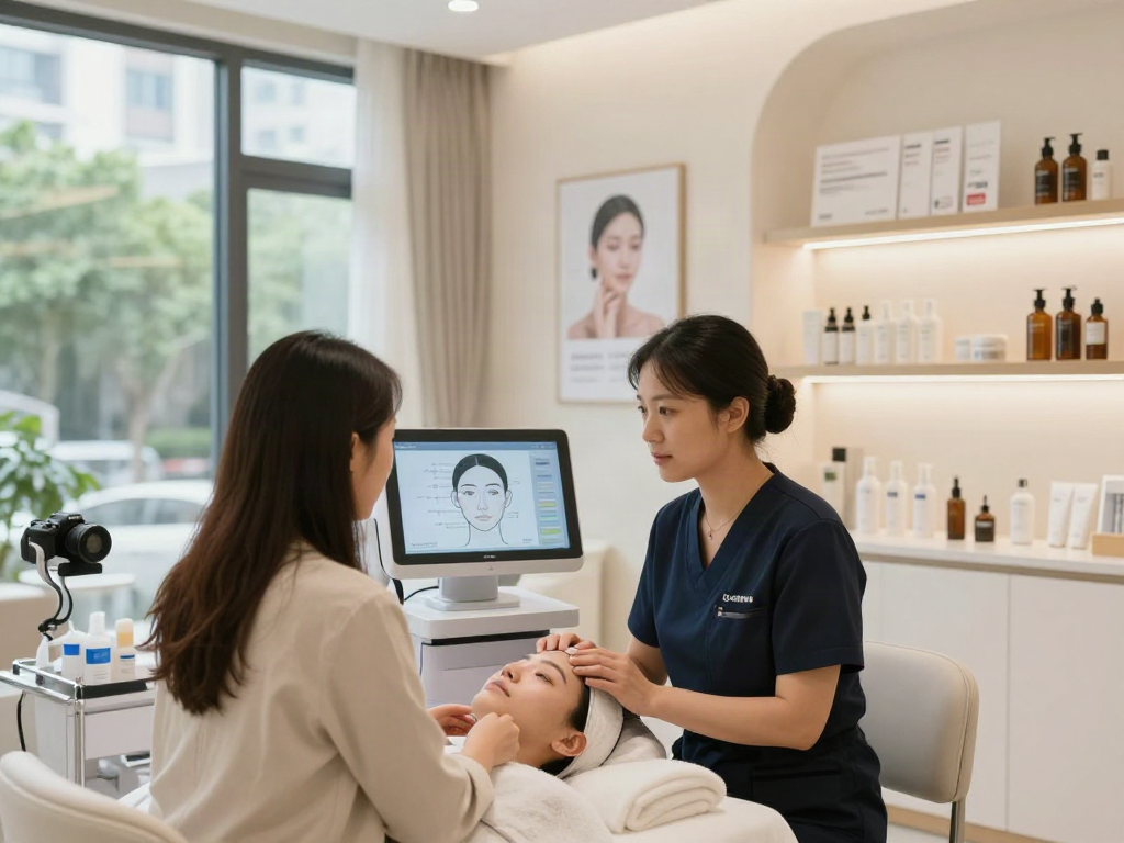 ClinicEvo vs QOVES facial analysis consultation in a modern beauty clinic