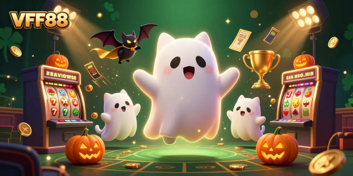 Engage with thrilling VFF88 slots and jackpots as a friendly ghost cat explores a haunted casino.