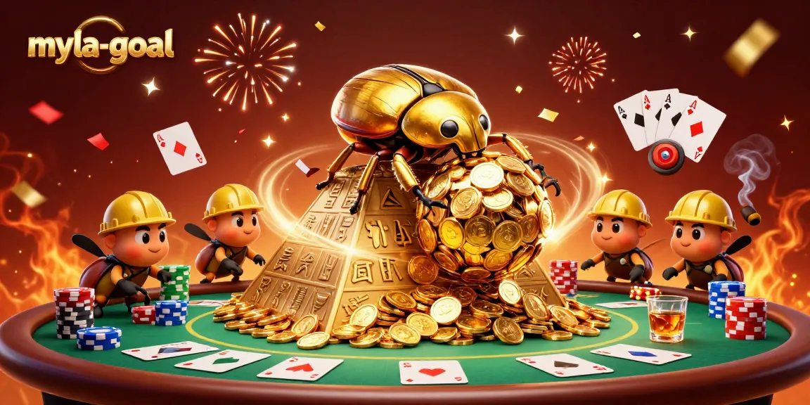 Experience thrilling gaming moments in myla-goal, with a golden beetle rolling coins amid vibrant casino elements.