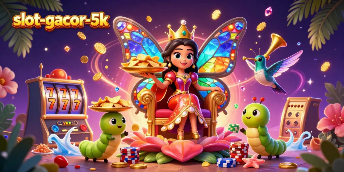 Experience the thrill of slot-gacor-5k with a vibrant 3D scene showcasing colorful casino elements and characters.