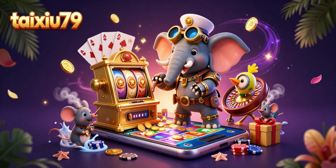 Spin the reels with taixiu79's steampunk elephant character at a golden slot machine.